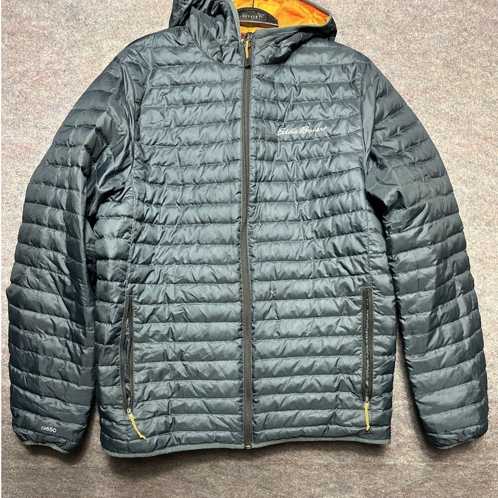 Eddie Bauer Puffer Jacket Men’s S Grey Orange Full Zip Down Filled EB650 Hooded